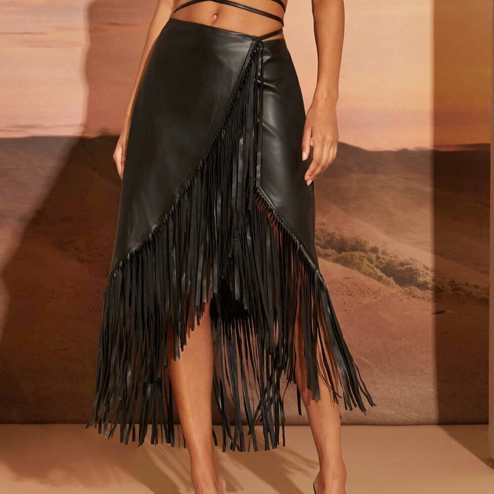 Black Party Women's Faux Leather High-Waisted Midi Skirt With Fringe Details